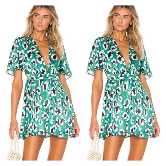 House of Harlow Revolve Dawn Mini Dress Small Green Leopard Satin Plunge V Neck - Picture 14 of 14